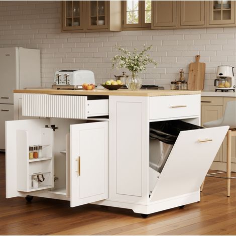 meuble rangement cuisine mobile 120x50x92 blanc MDF OKMYHOME (1/5)