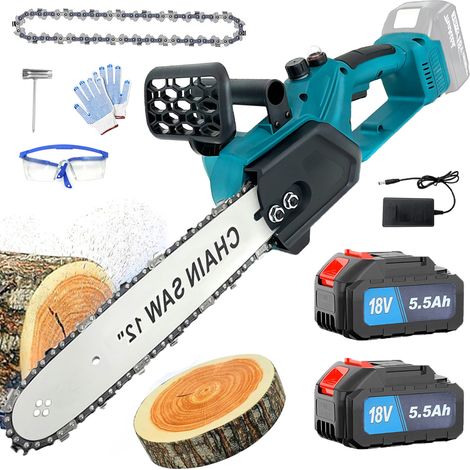 Motosega a batteria, Motosega elettrica a batteria senza spazzole da 12 pollici, Motosega lubrificata con catene + 2 batteria da 5,5 A + caricabatterie, compatibile con batteria Makita
