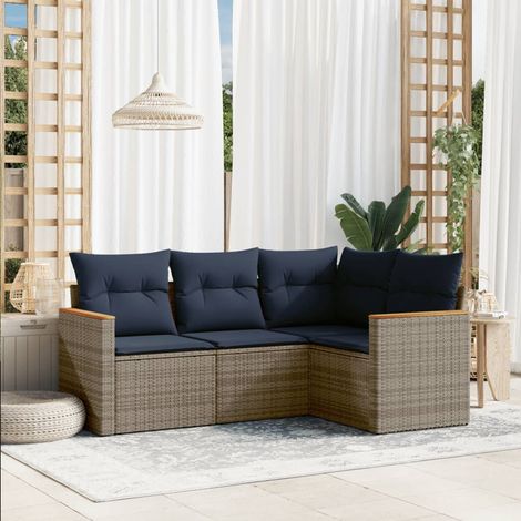 Ensemble de canapé de jardin 4 pièces avec coussins, gris, polyrotin (1/5)