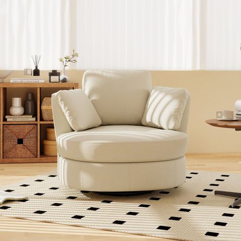Poltrona girevole in chenille beige, seduta profonda, con 3 cuscini e rotazione a 360°,103x90.5x85,5 cm (1/5)