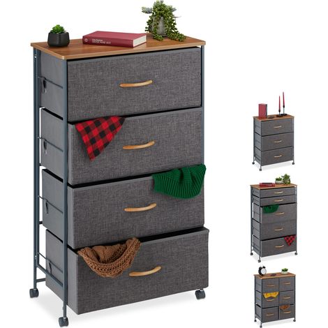 Relaxdays Cajonera con ruedas, Cajones textiles, Decoración, Balda con apariencia de madera, 93 x 58 x 30 cm, Gris