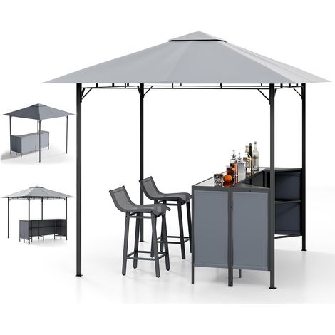 Tonnelle avec Comptoir et 2 Tabourets  Tonnelle de Jardin Extérieur  Bar Exterieur Jardin  Rangement  Porte-Verres  Double Toit  Crochets  Abri Réception pour Terrasse, Fête (1/5)