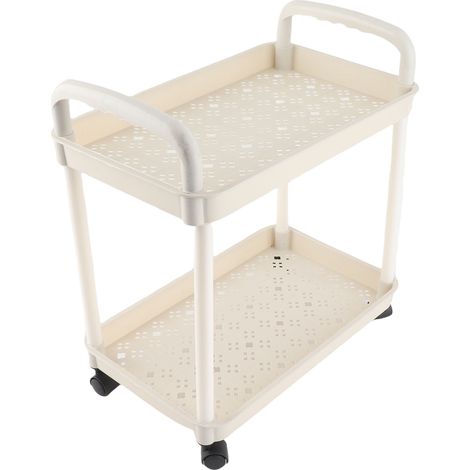 Carrito rodante de plástico blanco con 2 niveles y gancho, estable y móvil, ideal para el salón, el dormitorio y la cocina. (1/5)