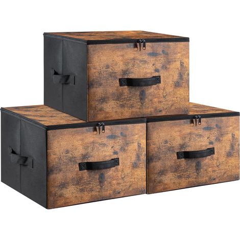 YORKING Foldable Organiser Boxes Set of 3 with Zipped Lids & Handles Collapsible Fabric Storage Bins for Wardrobe, Shelves & Under-Bed Storage Basket Boxes (Brown) (1/5)