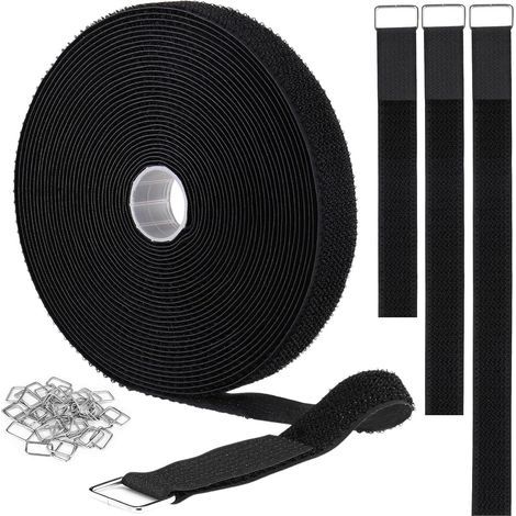 Sangles auto-agrippantes 2 cm x 10 m avec 50 boucles métalliques, serre-câbles réutilisables à couper à longueur, sangles de fixation réglables, sangle de serrage en nylon, noir (1/4)