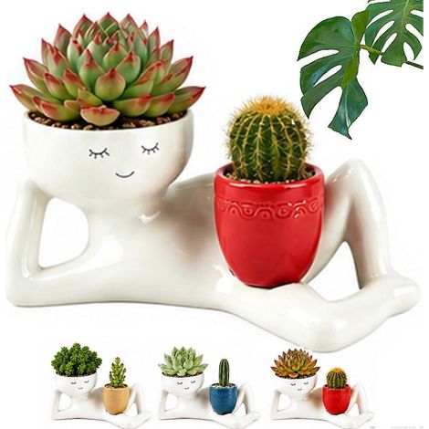 Pot de fleurs Lazy Guy Goofy 15,5/25 cm - Figurine amusante et originale pour un bureau, représentant une tête de fleur succulente mignonne en résine. (1/5)