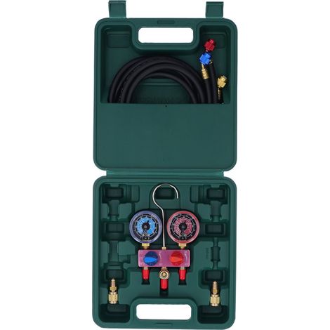 Manomètre frigorifique HS-M02-410-22-A, kit de contrôle de pression pour climatisation, compatible R22, R32 et R410A, jeu de 2 manomètres avec flexibles, usage professionnel et domestique. (1/5)