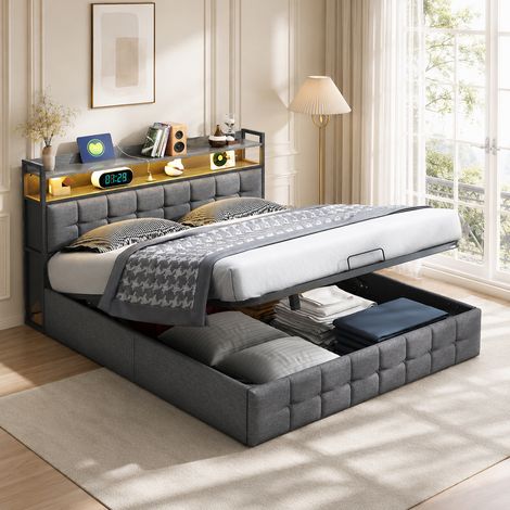 Lit double adulte 140 x 190 cm - Lin - Noir - Style industriel vintage - LED réglable et chargement USB - Tête de lit avec rangement (1/5)