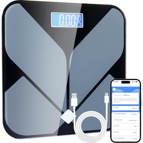 Balance Pese Personne Connectée Bluetooth avec 23 Données Corporelles, 30 30cm Rechargeable par Usb, avec Écran Lcd et Fonction Thermomètre (1/5)