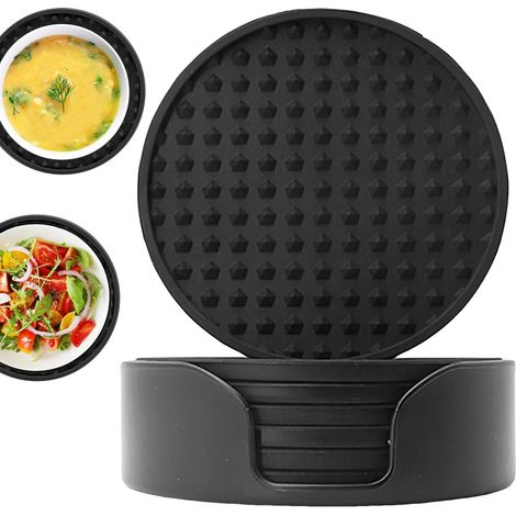 Kit de tapis de tasse pour servir des boissons Silicone flexible avec base de rangement, coussinets antidérapants résistants à la chaleur (1/5)