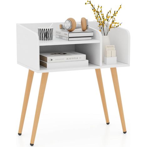Comodino in stile moderno semplice ma pratico Tavolino a 2 piani con mensole aperte Bianco Naturale (1/4)