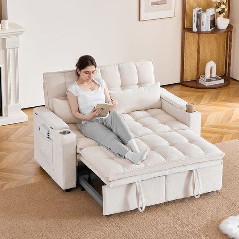 Canapé-lit convertible 3-en-1 142 cm, avec rangement, porte-gobelets, poches latérales et 2 coussins lombaires - Beige (1/5)