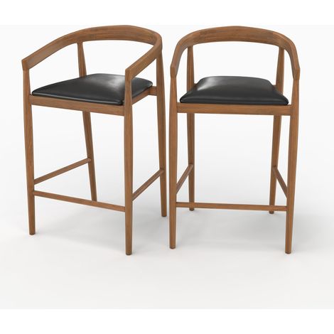 Lot de 2 chaises de bar 77 cm en teck vernis et assise en cuir noir - Bali
