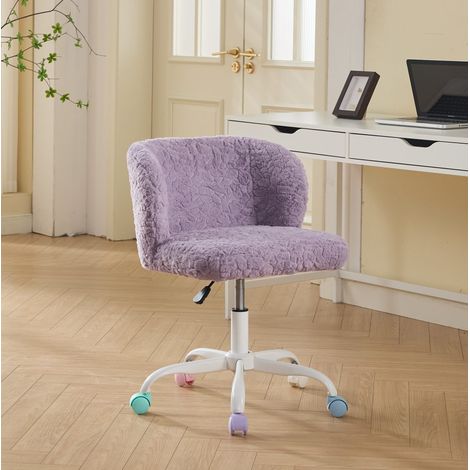 Chaise de bureau en fausse fourrure violette, pivotante 360°, hauteur reglable, accoudoirs integres, roulettes silencieuses, 55×57×81 cm (1/5)
