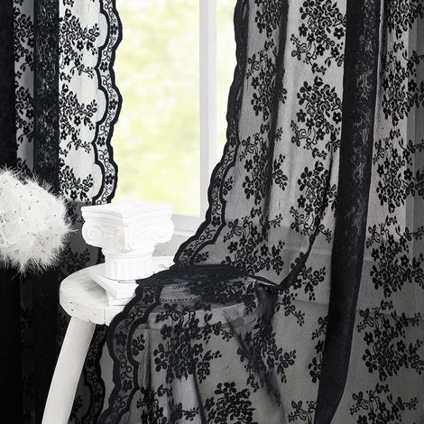 Black Voile Curtains 54 Inches Length for Windows, Gothic Lace Curtains for Bedroom, Kitchen, Halloween Decoration, 2 Panels, W52 x L54 Inches (1/5)