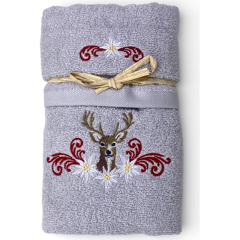 Set Asciugamani Tirolese Cervo e Stelle Alpine Grigio Chiaro - Tirolo - Spugna 100% Cotone - Ricamo Made in Italy (1/5)