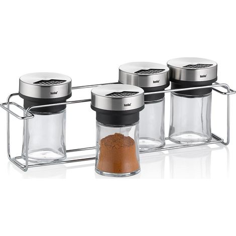 Set di 4 barattoli per spezie + supporto da 5 pezzi, acciaio, Miko / Kela