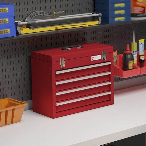 Boîte à outils vide à 4 tiroirs, coffret en métal rouge avec compartiment verrouillable, poignée de transport et rangement supérieur 51 x 22 x 39,5 cm  CHICFURN (1/5)