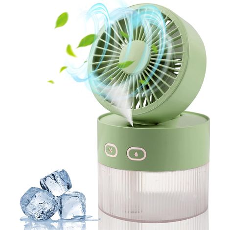 Ventilateur de bureau pliable USB (vert) avec brumisateur d'air froid et d'humidification, et veilleuse multifonctionnelle.