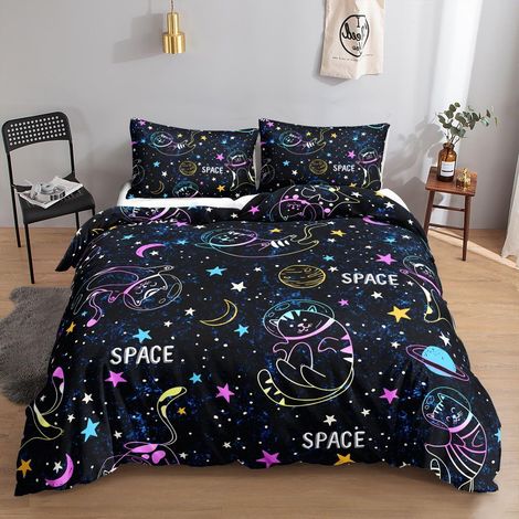 Bettwäsche-Set mit fluoreszierenden Katzen im Weltraum-Design, 155x220cm