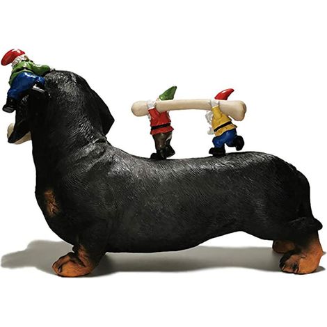 Statue chien nain mangeant, sculpture résine humour jardin, décoration pelouse terrasse, art extérieur original. (1/3)