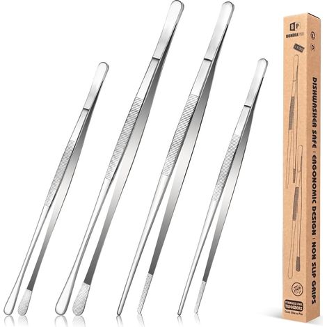 4 Pincettes de cuisine en acier inoxydable, 12'' et 10'', longue pincette de cuisine en argent pour la cuisine, les réparations, les fruits de mer et le BBQ (1/5)