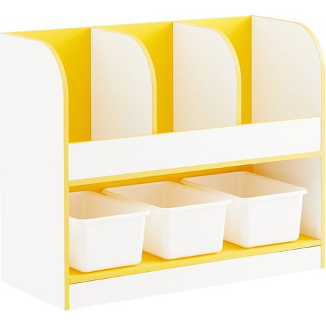 SoBuy Libreria montessoriana per bambini Scaffale portagiochi con 3 cestini di plastica Portariviste Bianco-Giallo 70x30x58cm KMB107-G (1/5)