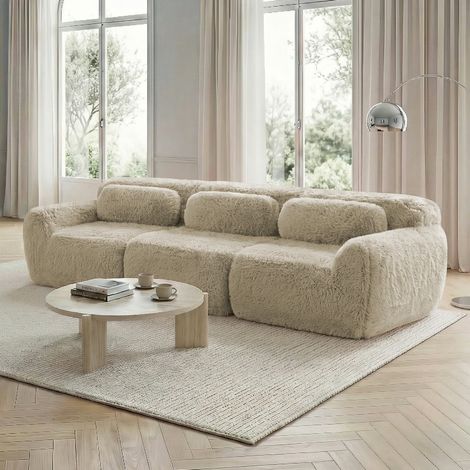 3-Sitzer Modulsofa hellkhaki aus Plüschstoff mit rutschfester Basis und ohne Montage (1/5)