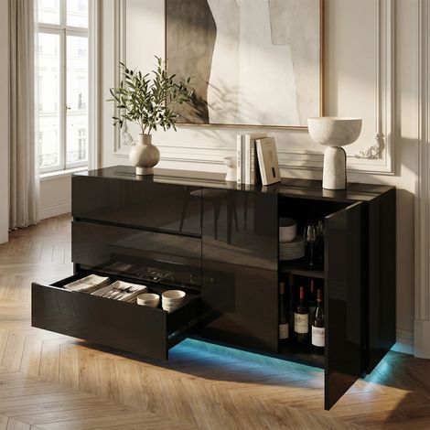 Sideboard 160x35x76 cm, Aufbewahrungsschrank für Wohnzimmer 160 cm, mit 3 Schubladen, 2 Türen und 7-farbiger LED-Beleuchtung, aus Holz mit Hochglanzoberfläche, moderner Stil, Schwarz (1/5)