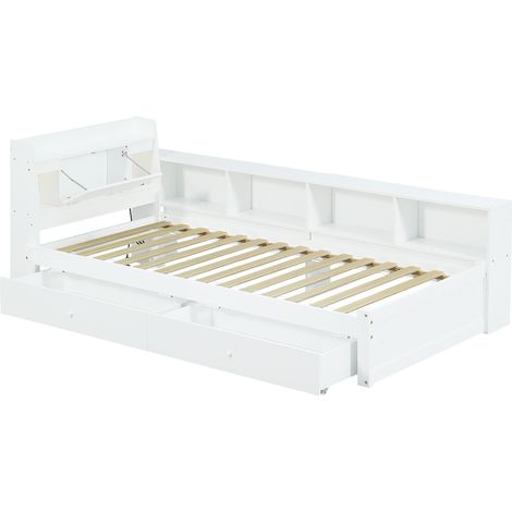 Cama individual 90x200 cm blanca con cabecero, almacenaje, lámparas y enchufe (1/5)
