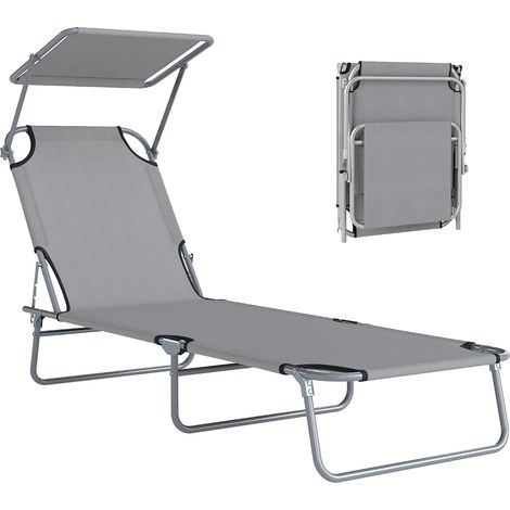 Transat Bain de Soleil Pliable Chaise Longue Pliante Grand Confort Dossier Inclinable Multi-Positions et Pare-Soleil Réglable 187L x 58l x 36H cm Gris Clair (1/5)