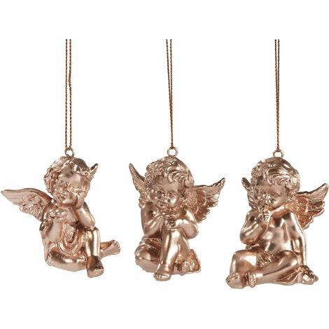 Addobbi albero Natale ad angioletti in resina dorata da appendere, set da 12 pezzi, cm 5 x 5,5 x 6,5 H