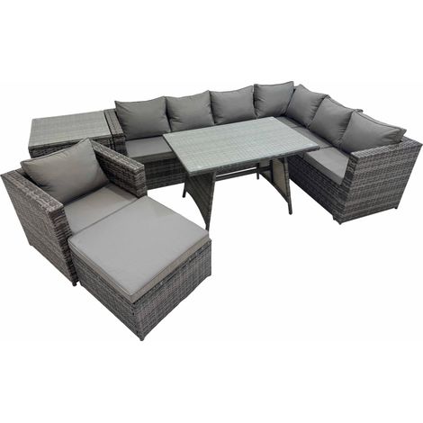 Fimous Rattan garden furniture Patio Furniture Sets with Dining Table Chair Big Stool Side Table Dark Grey Mixed (1/5)