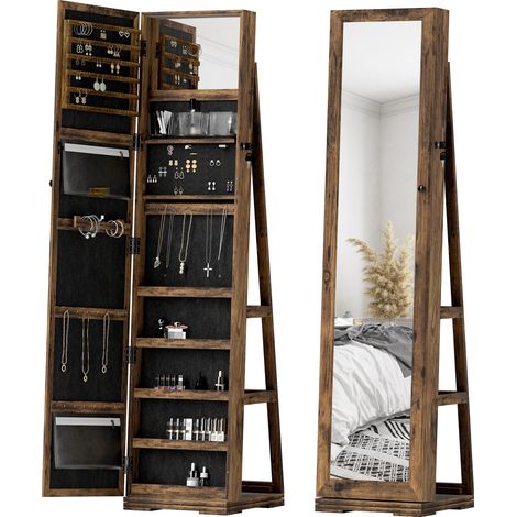 Armoire à Bijoux pivotante verrouillable boîte à bijoux avec Miroir - Armoire Bijoux Multi-Rangement - Brun Rustique