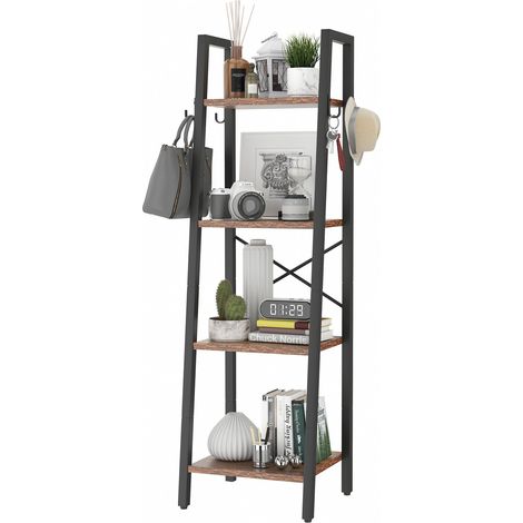 Étagère Échelle, Hauteur 125CM Bibliothèque Industrielle à 4 Niveaux, Étagère de Rangement, Étagère à Livres avec Cadre en Métal, pour Salon, Cuisine, Marron Rustique (1/5)