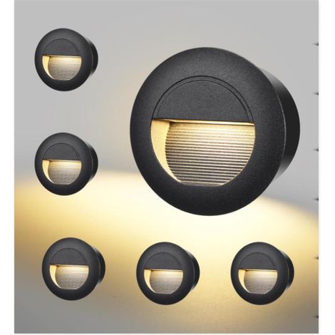 6 Pack Eclairage D'escalier 3W 500lm, Luminaire LED 230V 3000K, Rond 85x85mm, IP65 Applique Encastrée, Luminaire D'escalier pour Escalier Mural, Douilles Encastrées 68mm, Aluminium Noir
