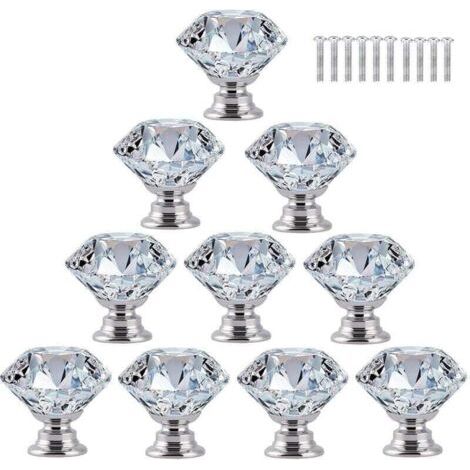 10 pcs Poignée Bouton de Porte Placard Meuble Tiroir Armoire, 30mm Diamant de Verre Cristal avec Vis - Transparent