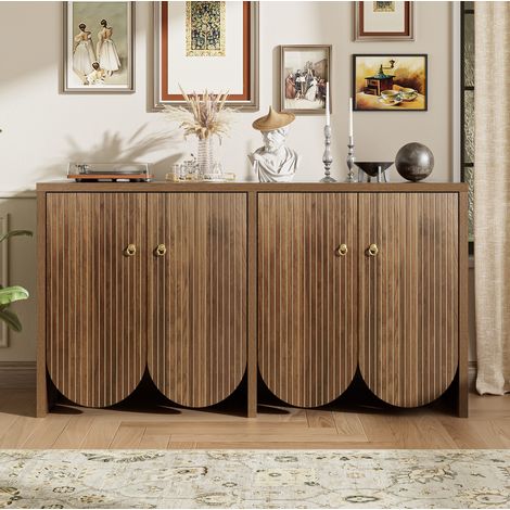 Buffet 147x40x80 cm noyer en MDF avec 4 portes, étagères réglables et poignées en aluminium (1/5)