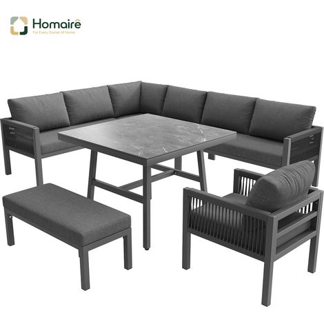 HOMAIRE Handgeflochtenes L-Form Garten-Sofa-Set für 8 Personen mit robustem Eisengestell, grauen Polstern, Marmor-Glasplattentisch und 2 Sesseln, wetterfest (1/5)