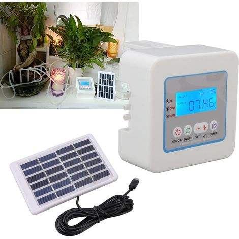 Kit de microirrigación automático con temporizador programable: panel solar, pantalla LED, sistema de riego multifuncional para plantas de jardín e interior. (1/5)