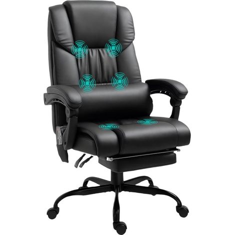 Fauteuil de bureau massant 6 points noir inclinable avec repose-pieds et télécommande, relaxation ergonomique complète