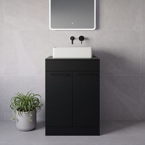 Napoli 460 Nero Oak 600mm 2 Door Vanity Unit for Countertop Basins - 600mm - Matt Black 160mm Handle