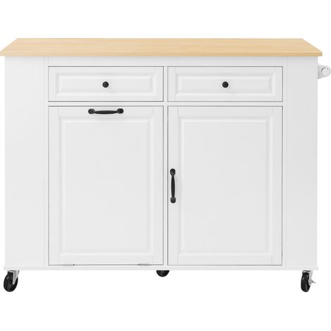 Isla de cocina móvil con tablero extensible y enchufes integrados, blanco (1/5)