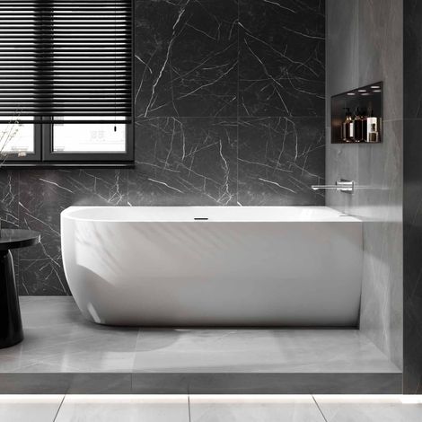 BERNSTEIN - Baignoire d'angle semi-ilot Acrylique Ovale + Bonde et trop plein - Blanc brillant - 170x75x58cm - Installation droite - LENA CORNER