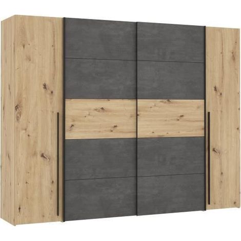 Les Tendances – Armoire 2 portes battantes et 2 portes coulissantes – Chêne artisan et béton gris – L 270,3 x P 61,2 x H 210 cm – 8 tablettes et 2 tringles à habits