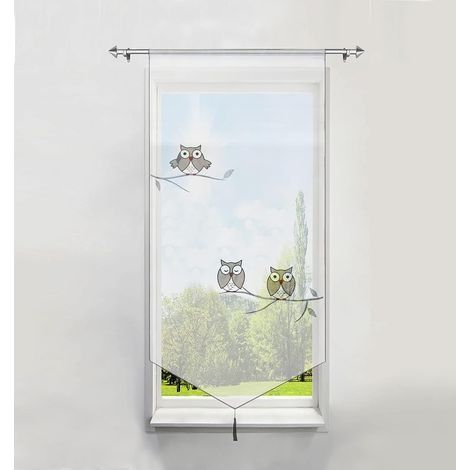 1Pièce Rideau Brise-bise LxH/60x120CM en Polyester Transparent Broderie Hibou Gris avec Pompon Rideaux Courts Décoration de Fenêtre