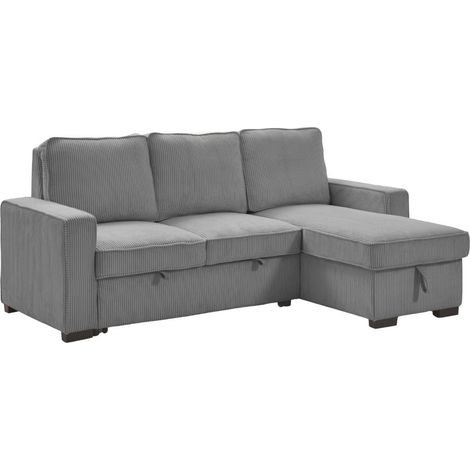 Canapé d'angle droit convertible avec 1 coffre velours côtelé gris - NAPOLINO