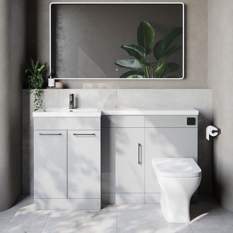 Napoli 390 Gloss Grey Pearl 1500mm 3 Door Vanity Unit Toilet Suite with Left Hand Square Lucia Basin - 1500mm - Gunmetal Grey 160mm HandleWith Kingston Toilet Pan and Seat