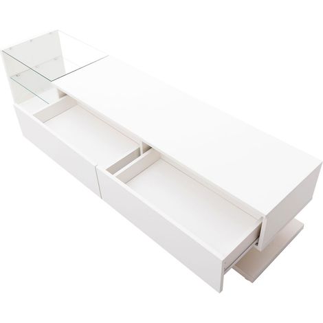 Meuble TV bas, panneaux brillants blancs, séparations en verre et éclairage LED variable. Il associe un style naturel et rustique à un design moderne. (1/5)