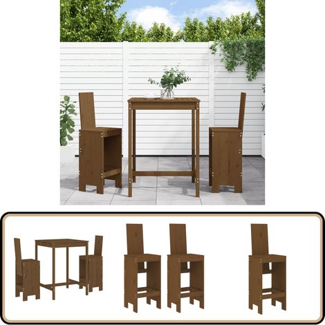3-tlg. Gartenbar-Set Honigbraun Massivholz Kiefer - Gartenbar - Gartenmöbeln - Esstisch - Barhocker - Kiefernholz